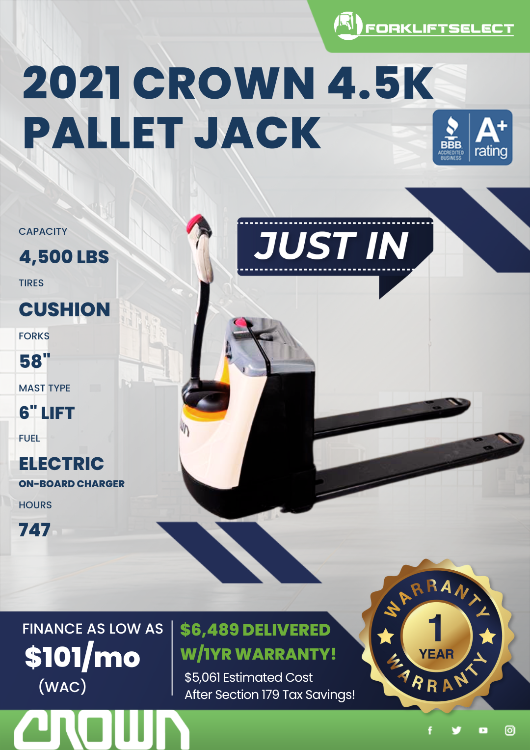 2021 CROWN 4.5K PALLET JACK