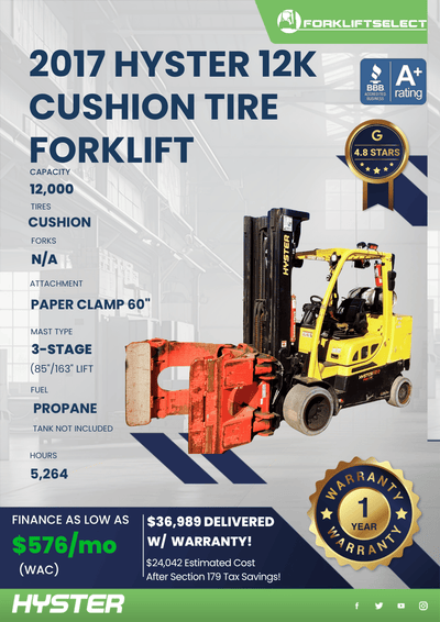 2017 HYSTER 12K CUSHION TIRE FORKLIFT