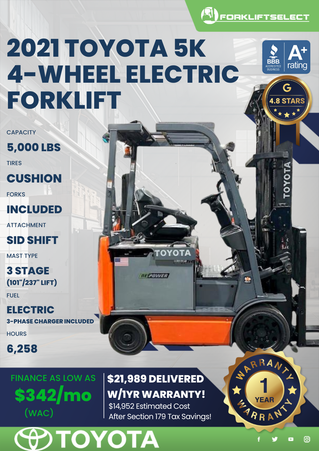 2021 TOYOTA 5K 4- WHEEL ELECTRIC FORKLIFT