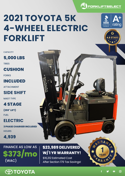 2021 TOYOTA 5K 4- WHEEL ELECTRIC FORKLIFT