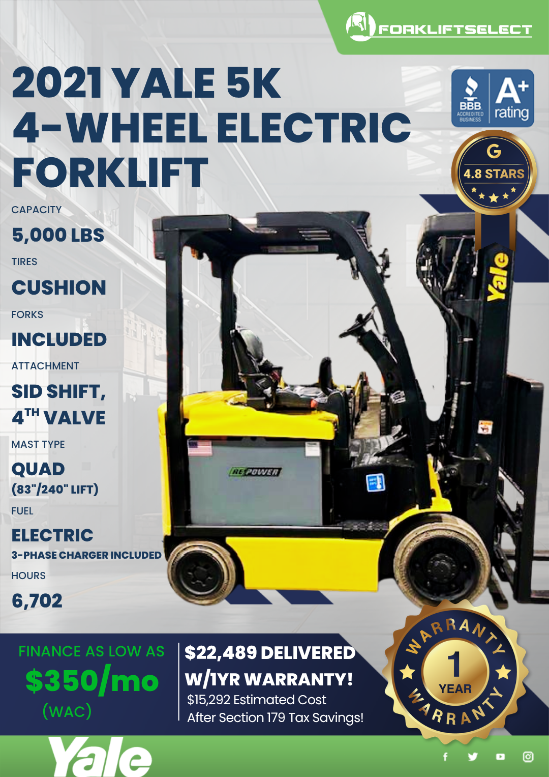 2021 YALE 5K 4- WHEEL ELECTRIC FORKLIFT