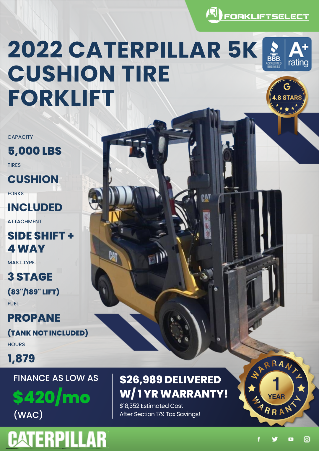 2022 CATERPILLAR 5K CUSHION TIRE FORKLIFT