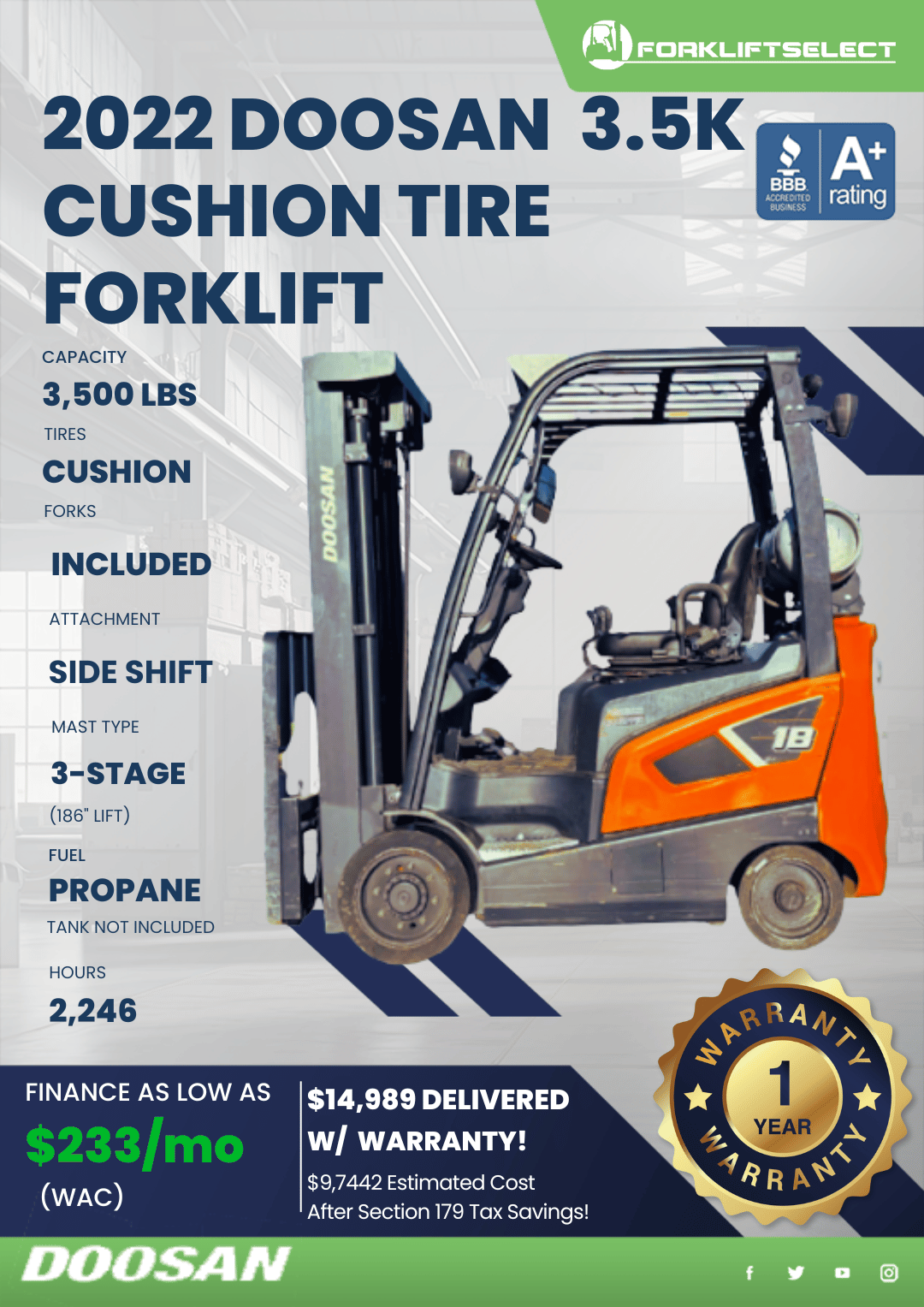 2022 DOOSAN 3.5K CUSHION TIRE FORKLIFT