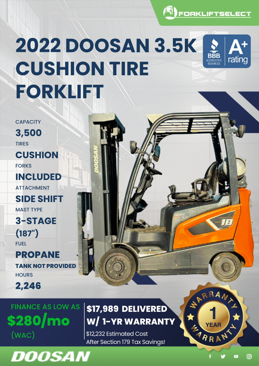 2022 DOOSAN 3.5K CUSHION TIRE FORKLIFT