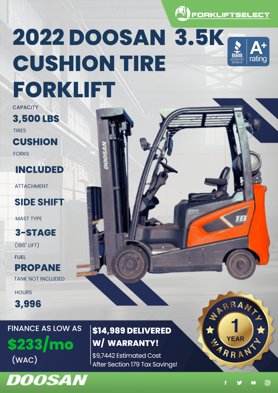 2022 DOOSAN 3.5K CUSHION TIRE FORKLIFT