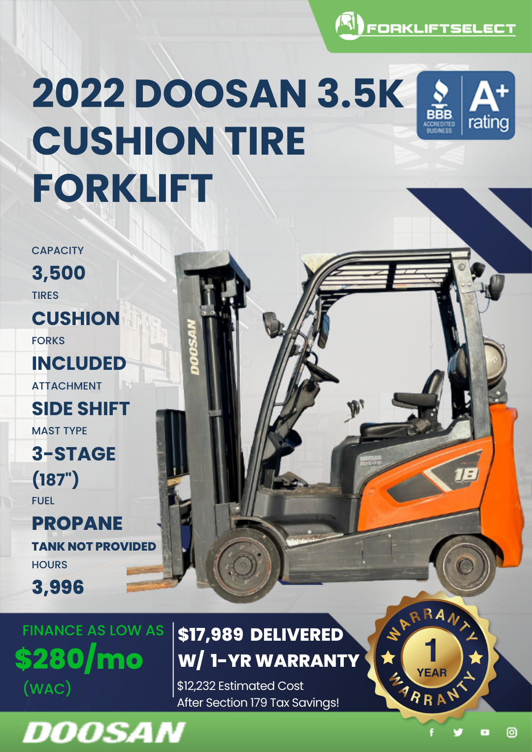 2022 DOOSAN 3.5K CUSHION TIRE FORKLIFT