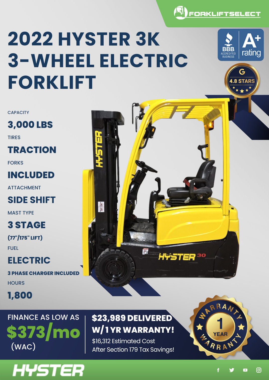 2022 HYSTER 3K 3-WHEEL ELECTRIC FORKLIFT