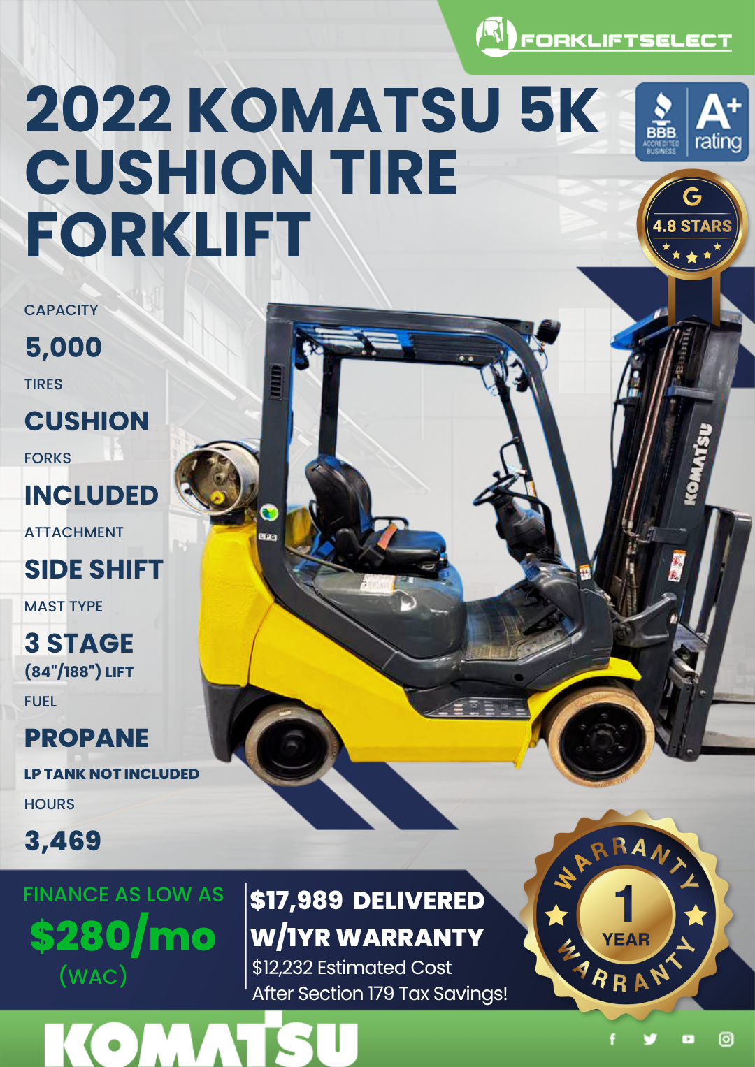 2022 KOMATSU 5K CUSHION TIRE FORKLIFT