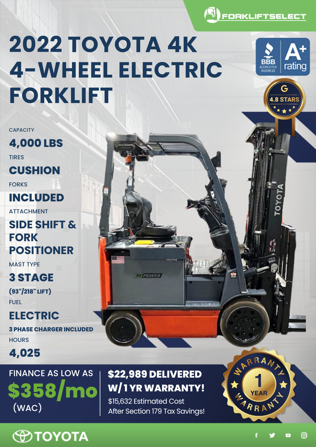 2022 TOYOTA 4K 4- WHEEL ELECTRIC FORKLIFT