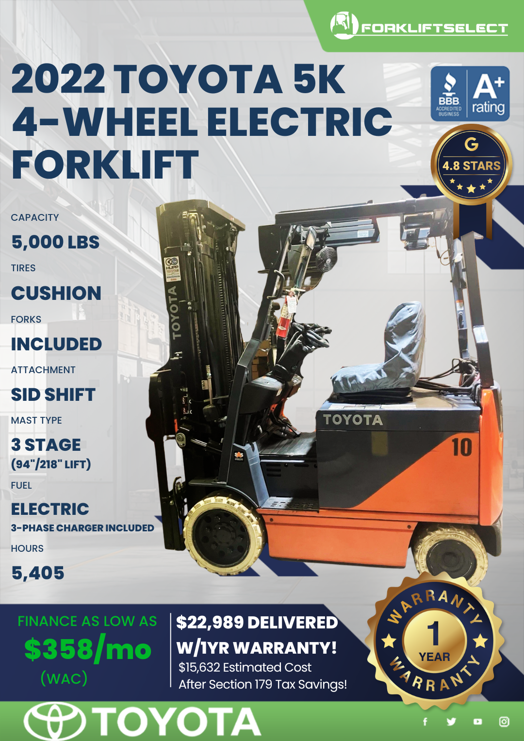 2022 TOYOTA 5K 4- WHEEL ELECTRIC FORKLIFT