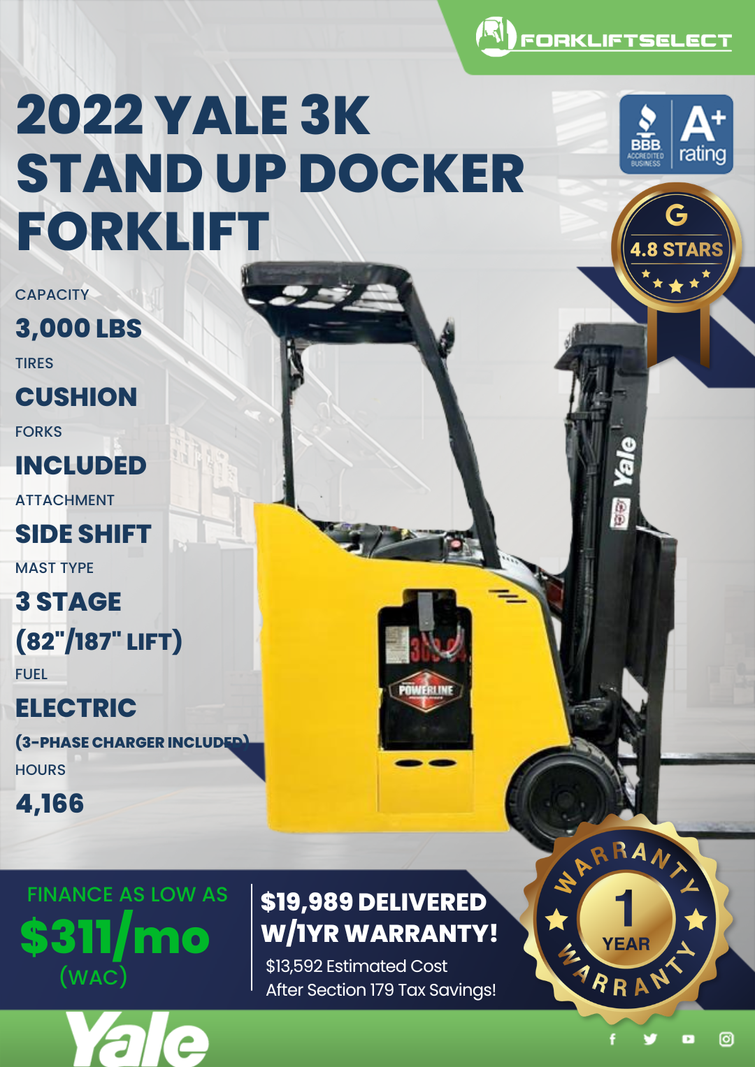 2022 YALE 3K STAND UP DOCKER FORKLIFT