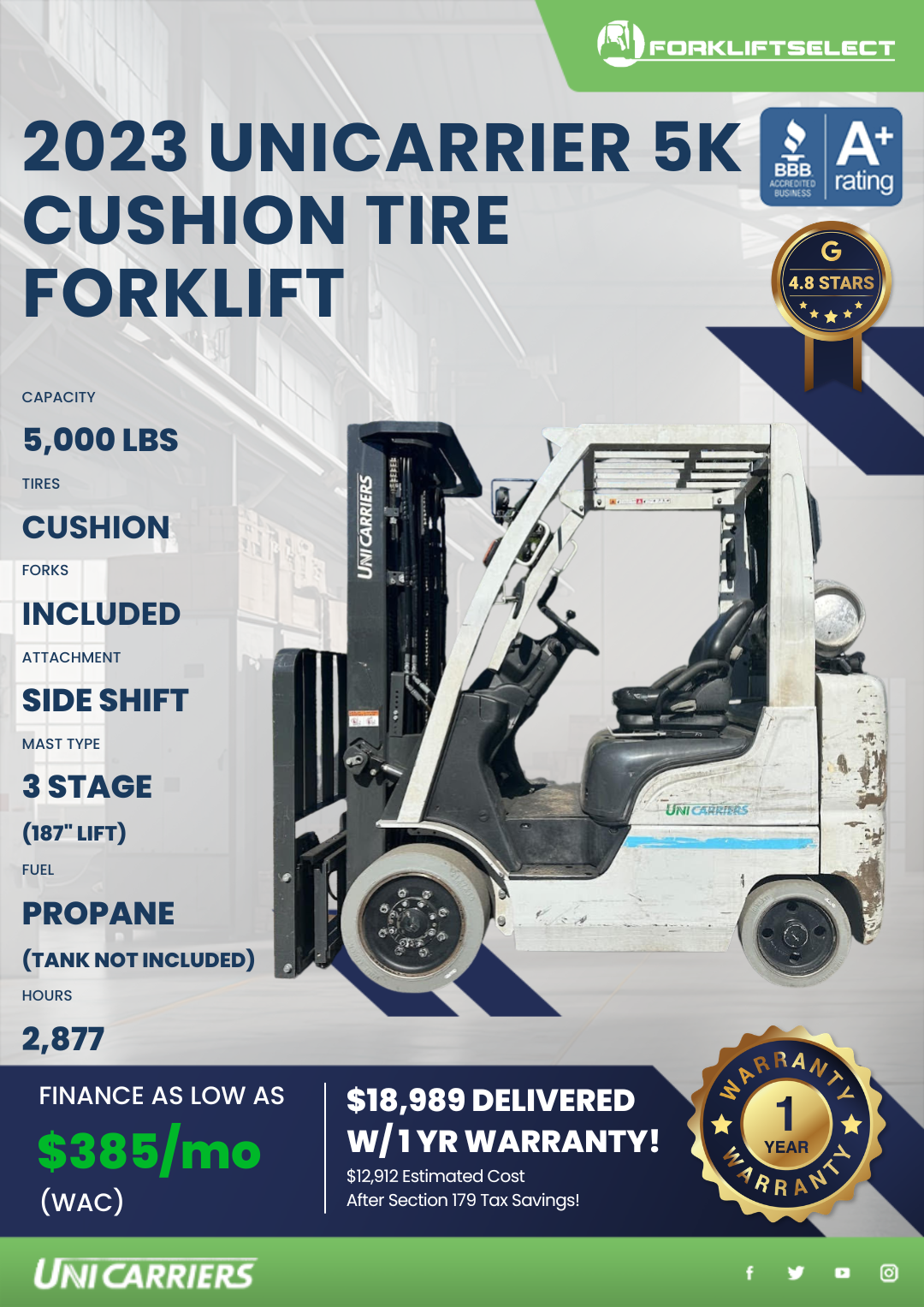 2023 UNICARRIER 5K CUSHION TIRE FORKLIFT