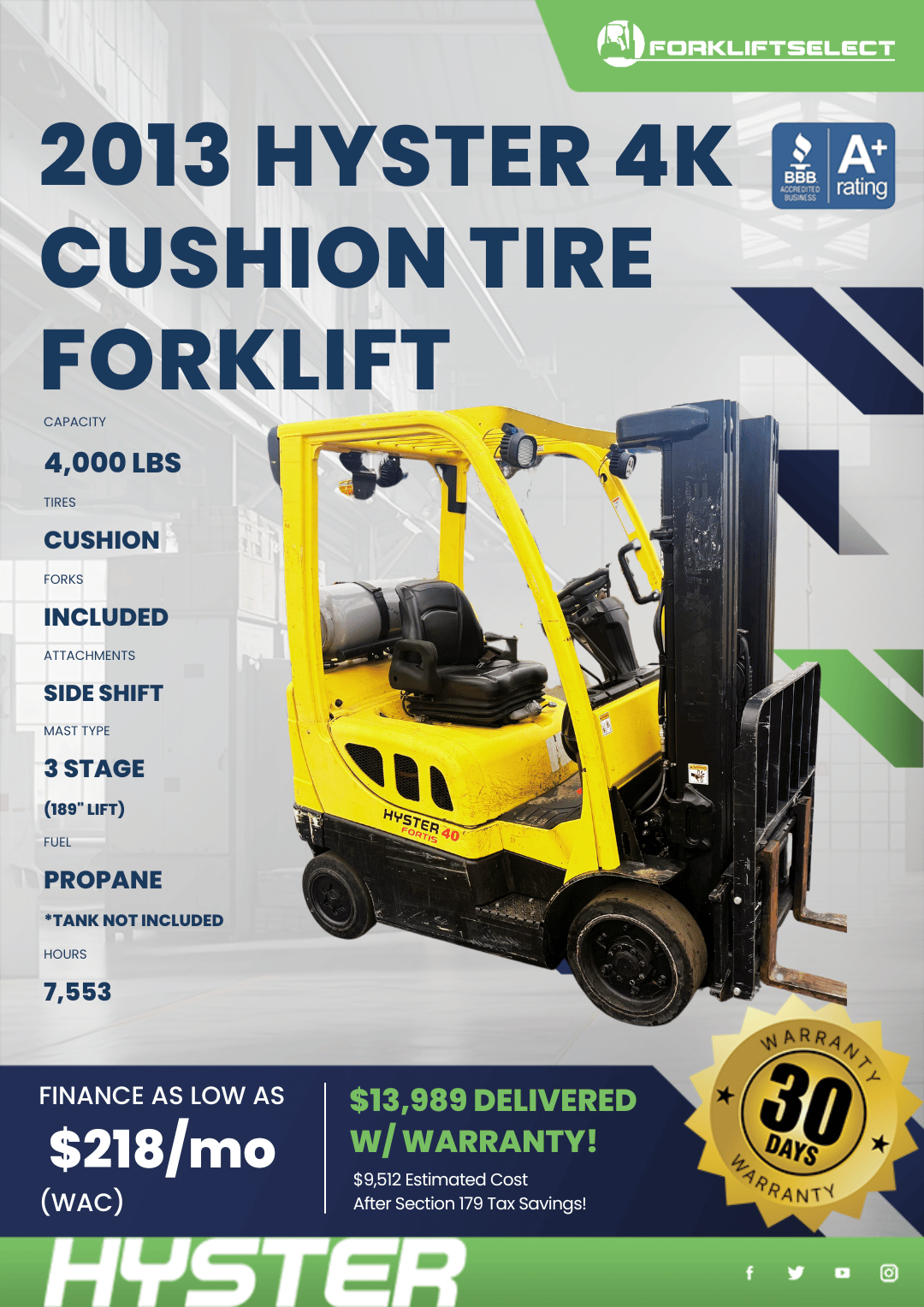 2013 HYSTER 4K CUSHION TIRE FORKLIFT