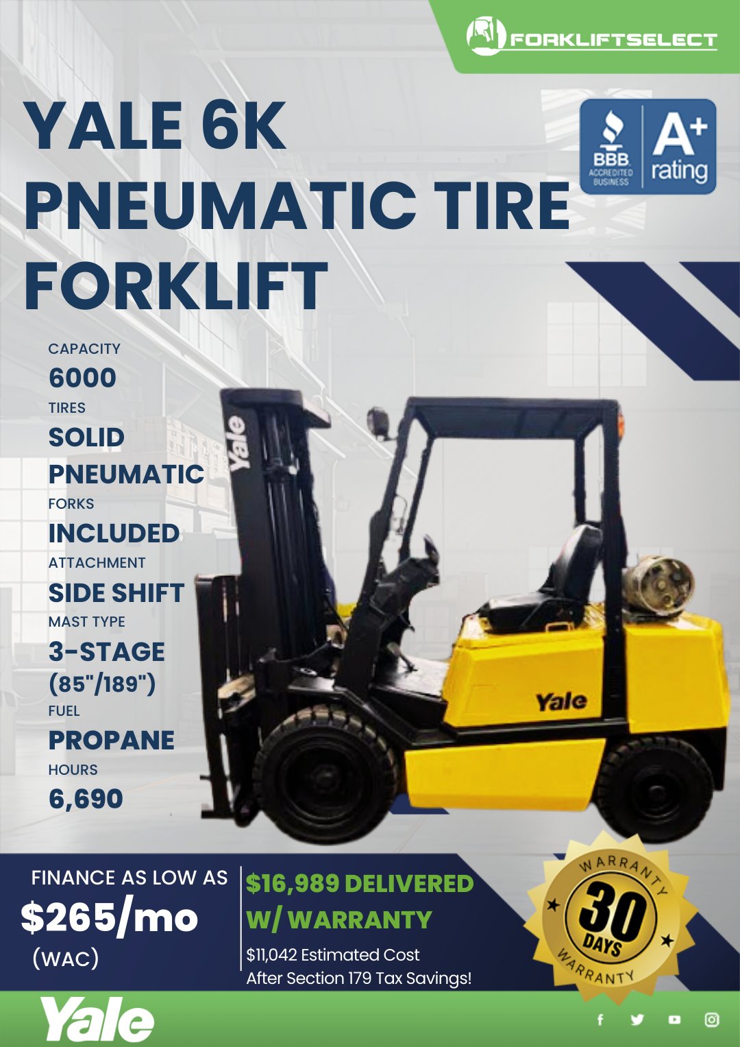 1997 YALE 6K PNEUMATIC TIRE FORKLIFT