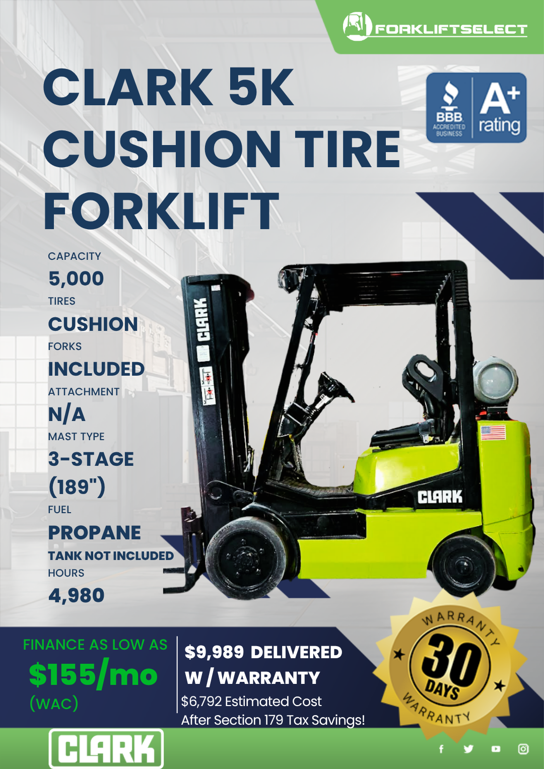 1999 CLARK 5K CUSHION TIRE FORKLIFT