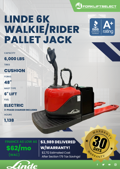 LINDE 6K CUSHION TIRE WALKIE/RIDER PALLET JACK